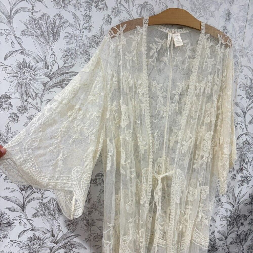 Floral Cream All Over Lace Duster Cotton Blend Sheer  Kimono Cardigan Sz S/M